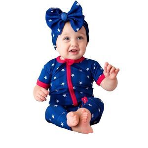 Little Bum Bums Bamboo Party in the USA Red Blue & White Stars Romper 6-9 months